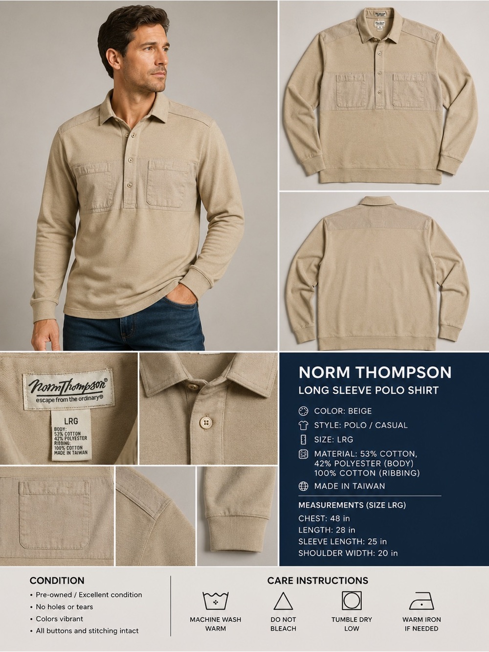Norm Thompson Long Sleeve Polo Shirt Beige Cotton Blend Size Large